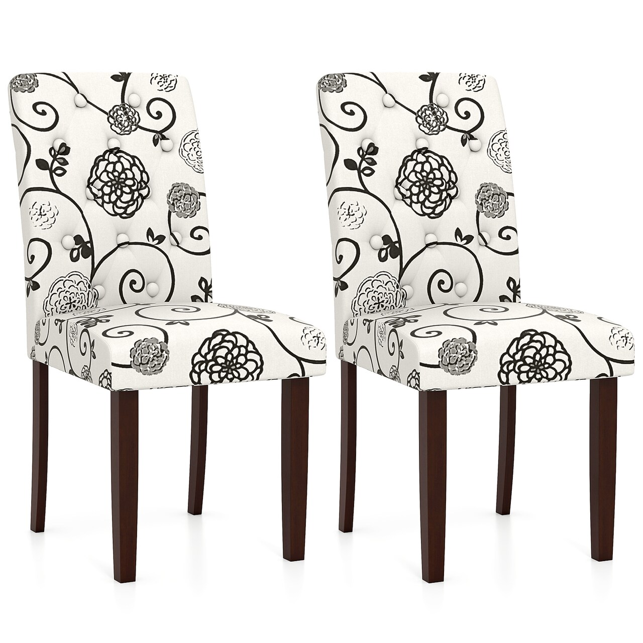 Floral Upholstered Dining Chairs Set of 2 Button Tufted Rubber Wood Legs